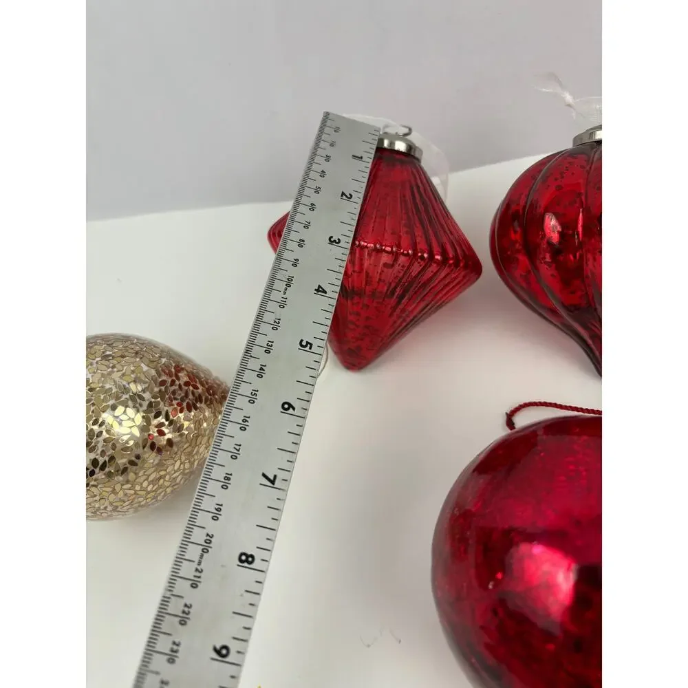 VTG Lot of 6 Glitter Glass Ornaments Round‎ Sphere Red Gold Heavy Tree Decor